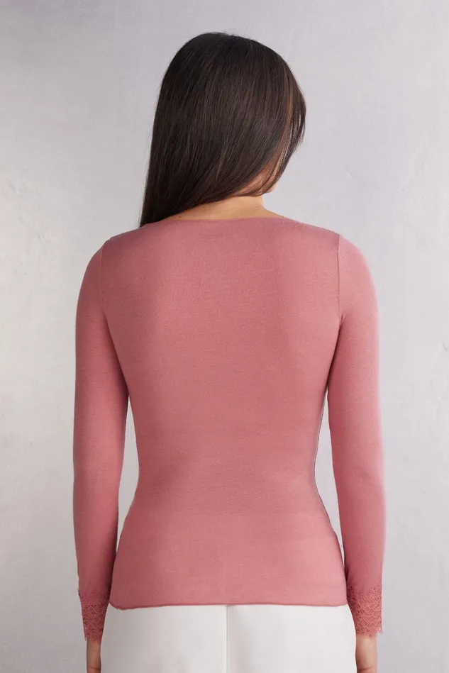 Intimissimi Long Sleeve Tops Women Modal Cashmere Ultralight Long Lace Shirt Pink 849j 8211 Garden Rose