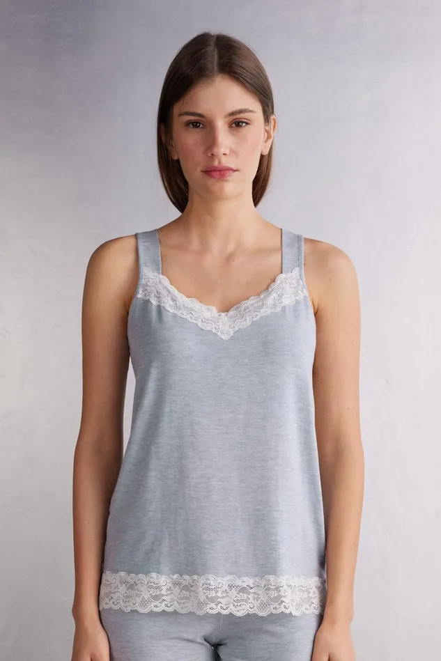 Intimissimi Short Pajamas Women Lace Trim Camisole In Modal Light Blue 009j 8211 Heathered Light Blue Intimissimi Short Pajamas Women Lace Trim Camisole In Modal Light Blue 009j 8211 Heathered Light Blue