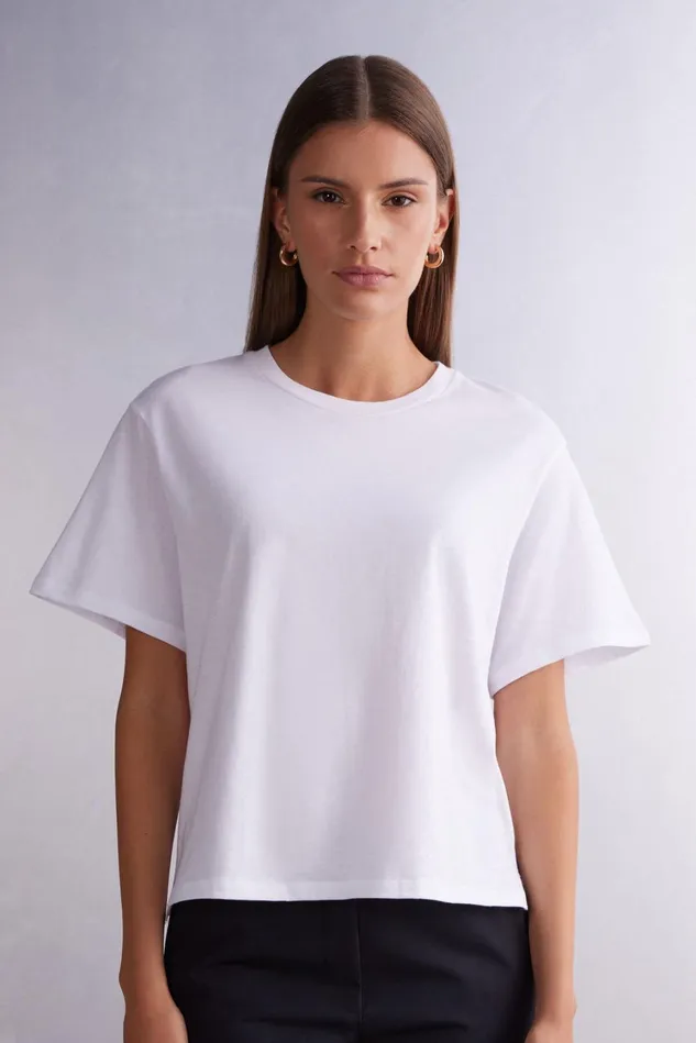 Intimissimi TShirt Women Boxy Fit Short Sleeve Top In Cotton White 001 8211 White Intimissimi TShirt Women Boxy Fit Short Sleeve Top In Cotton White 001 8211 White