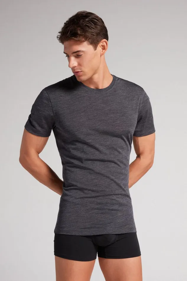 Intimissimi TShirts Polos Men Stretch Merino Wool ShortSleeve TShirt Dark Grey 7522 8211 Charcoal Grey Blend