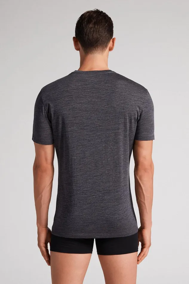 Intimissimi TShirts Polos Men Stretch Merino Wool ShortSleeve TShirt Dark Grey 7522 8211 Charcoal Grey Blend