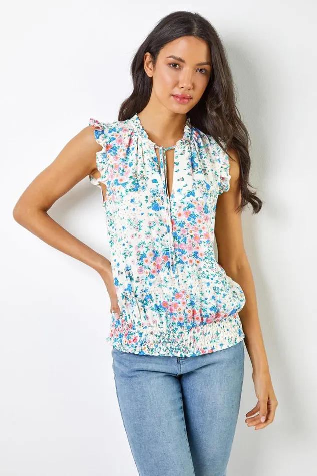 Ivory Ditsy Floral Print Shirred Blouson Hem Top Women Roman Tops