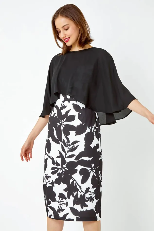 Ivory Floral Cape Detail Stretch Dress Women Roman Dresses