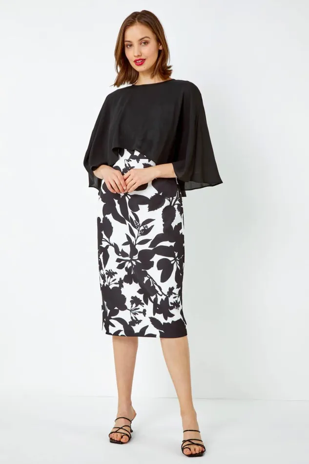 Ivory Floral Cape Detail Stretch Dress Women Roman Dresses