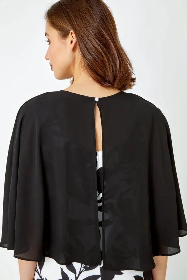 Ivory Floral Cape Detail Stretch Dress Women Roman Dresses