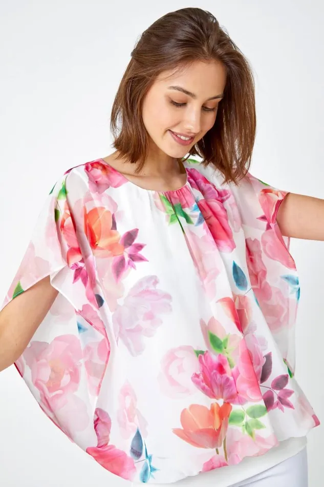Ivory Floral Overlay Blouson Stretch Top Women Roman Tops