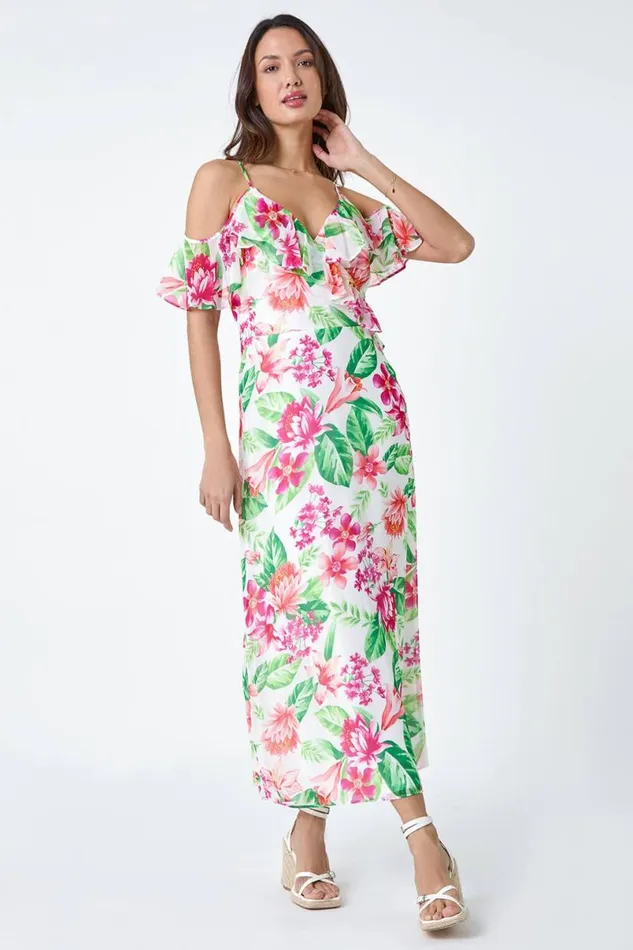 Ivory Floral Print Cold Shoulder Chiffon Midi Dress Women Roman Dresses