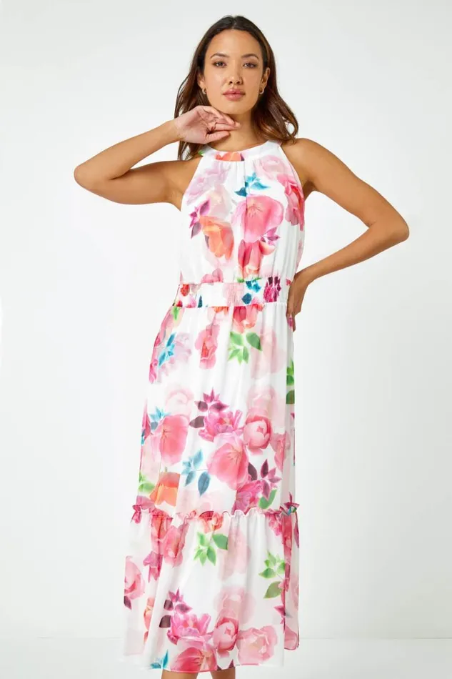 Ivory Floral Print Halterneck Chiffon Tiered Dress Women Roman Dresses