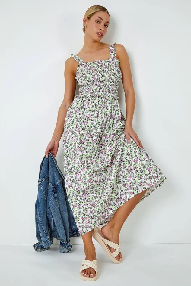 Ivory Floral Print Shirred Stretch Maxi Dress Women Roman Dresses