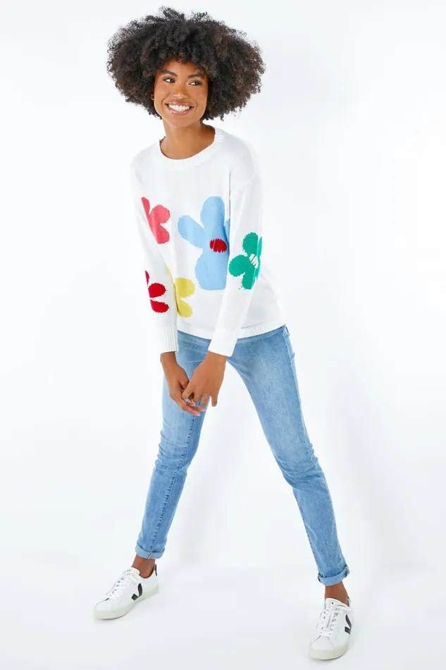 Ivory Oversized Floral Print Jumper Women Roman Knitwear