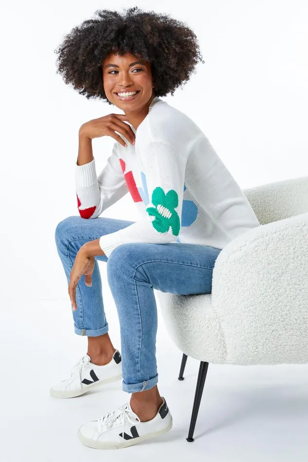Ivory Oversized Floral Print Jumper Women Roman Knitwear