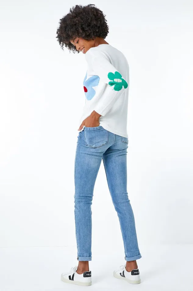 Ivory Oversized Floral Print Jumper Women Roman Knitwear