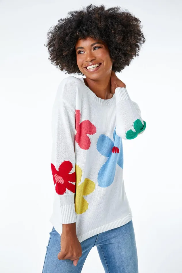 Ivory Oversized Floral Print Jumper Women Roman Knitwear