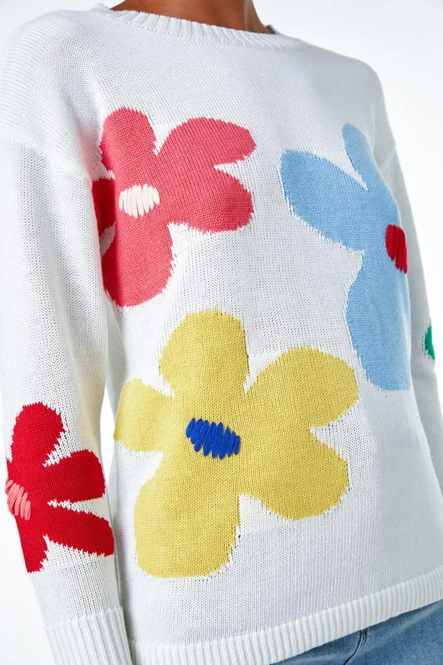 Ivory Oversized Floral Print Jumper Women Roman Knitwear