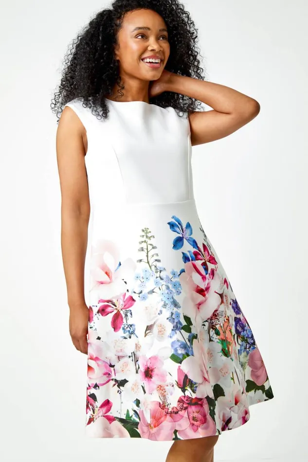 Ivory Petite Premium Stretch Floral Dress Women Roman Dresses