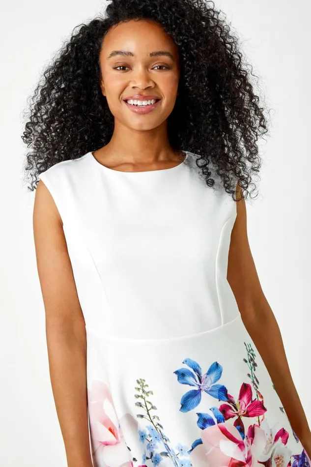 Ivory Petite Premium Stretch Floral Dress Women Roman Dresses