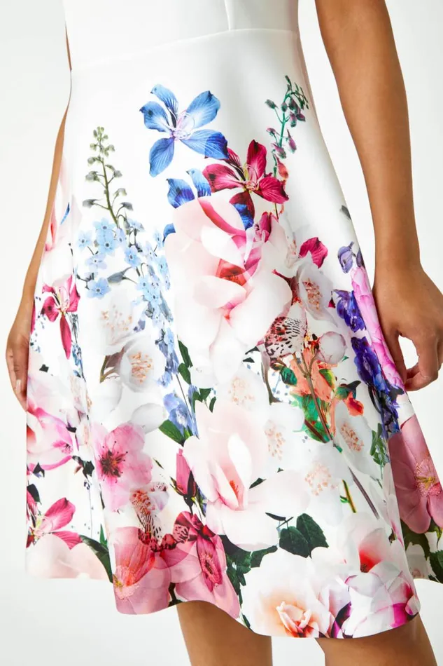Ivory Petite Premium Stretch Floral Dress Women Roman Dresses