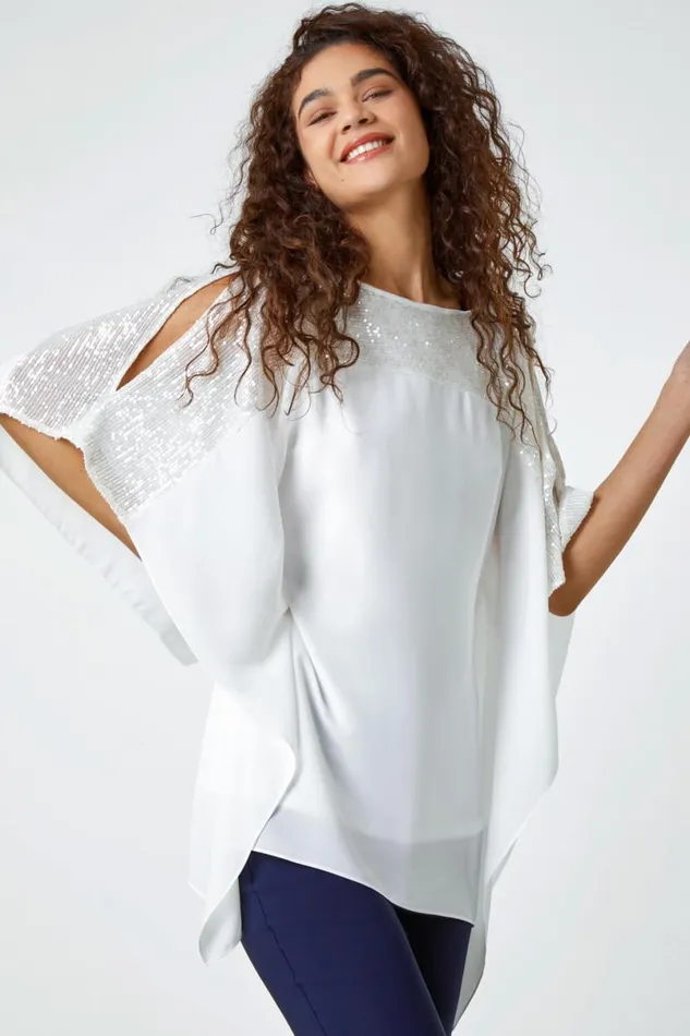 Ivory Sequin Embellished Chiffon Overlay Top Women Roman Tops