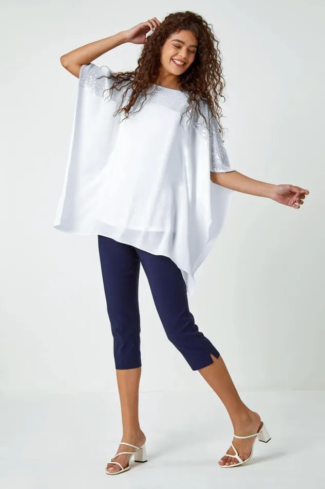 Ivory Sequin Embellished Chiffon Overlay Top Women Roman Tops