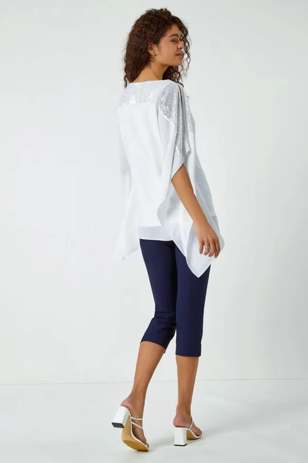 Ivory Sequin Embellished Chiffon Overlay Top Women Roman Tops