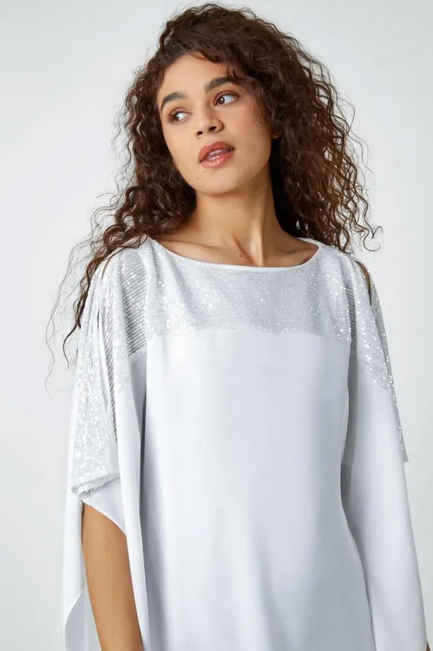 Ivory Sequin Embellished Chiffon Overlay Top Women Roman Tops