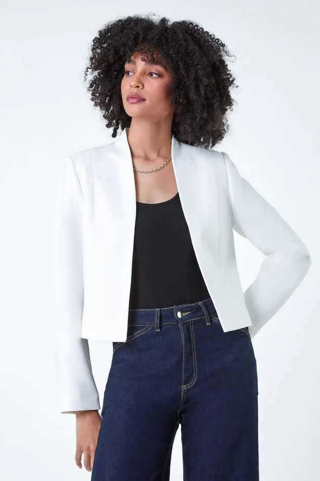 Ivory Textured High Neck Jacket Women Roman Occasionwear