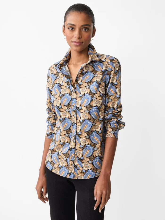 JMcLaughlin Lois Shirt In Pomegranate Grove Camelblue Women Shirts and Tops