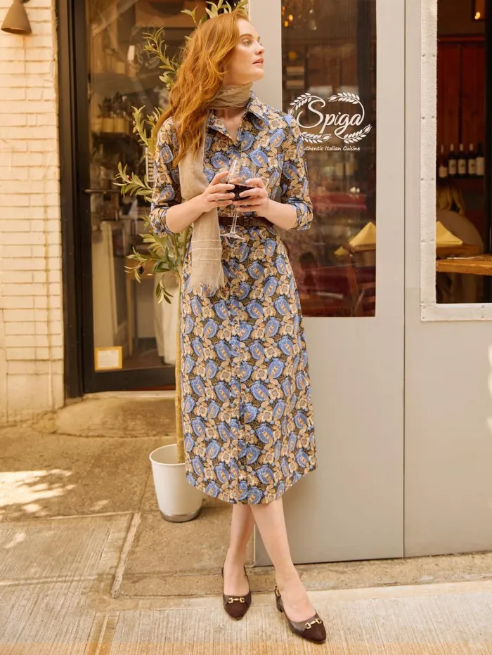 JMcLaughlin Louisa Dress In Pomegranate Grove Camelblue Women Dresses