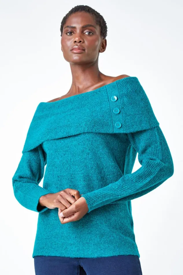Jade Bardot Button Detail Stretch Jumper Women Roman Knitwear