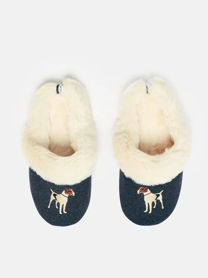 Joules Nightwear Blue Faux Fur Lined Embroidered Mule Slippers 8211 Women