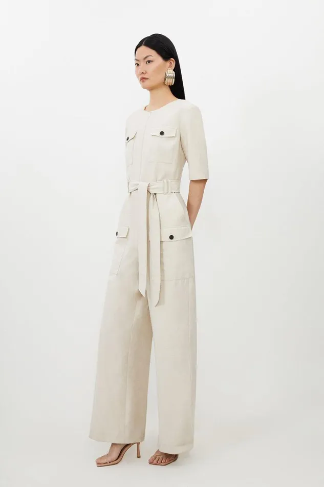 Jumpsuits Women Karen Millen Petite Cargo Pocket Belted Wide Leg Tailored Jumpsuit Light Stone