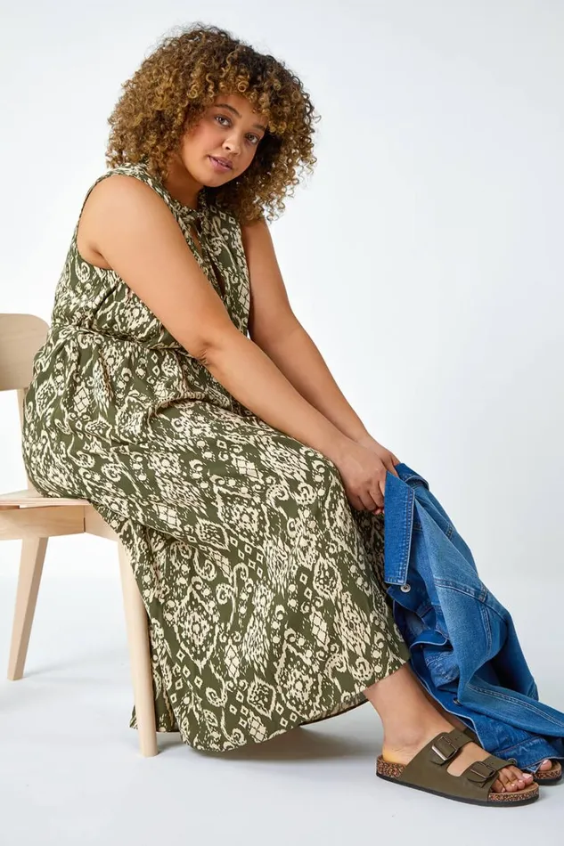 Khaki Curve Aztec Print Tie Neck Midi Dress Women Roman Dresses