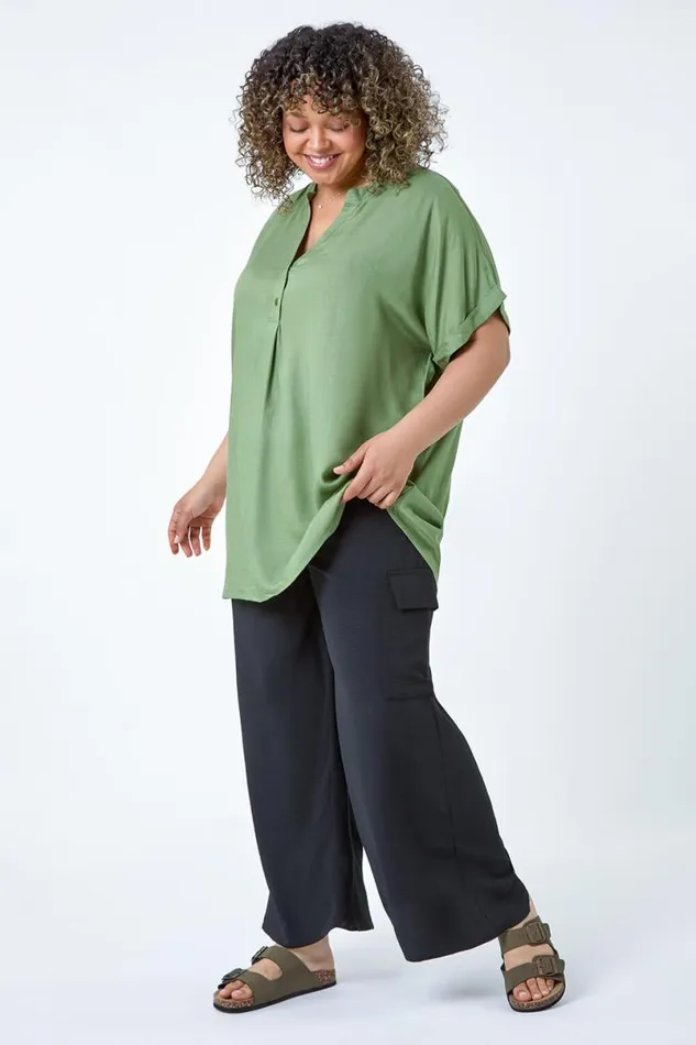 Khaki Curve Plain Longline VNeck Top Women Roman Tops