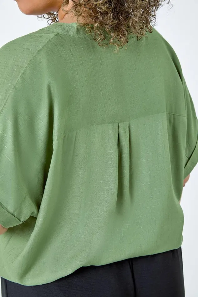 Khaki Curve Plain Longline VNeck Top Women Roman Tops