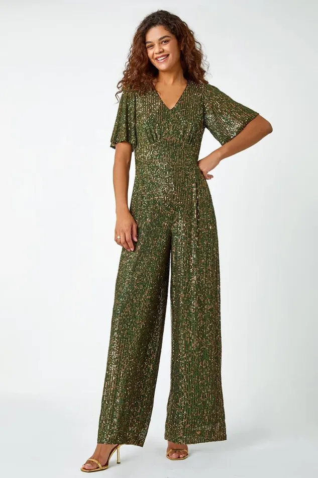 Khaki Embellished Sequin Stretch Jumpsuit Women Roman Jumpsuits and Playsuits Khaki Embellished Sequin Stretch Jumpsuit Women Roman Jumpsuits and Playsuits