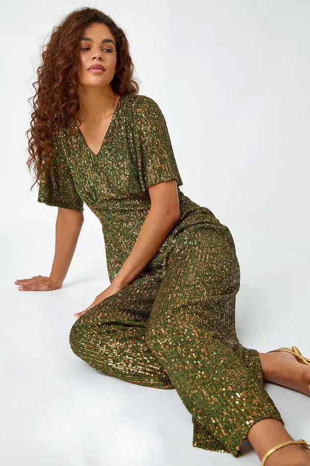 Khaki Embellished Sequin Stretch Jumpsuit Women Roman Jumpsuits and Playsuits