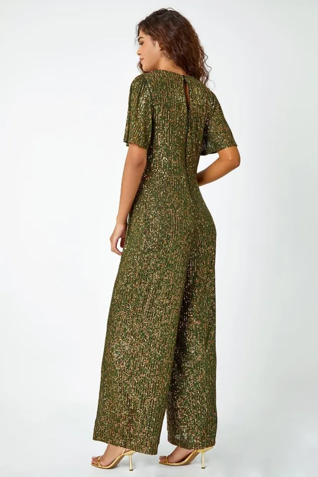 Khaki Embellished Sequin Stretch Jumpsuit Women Roman Jumpsuits and Playsuits