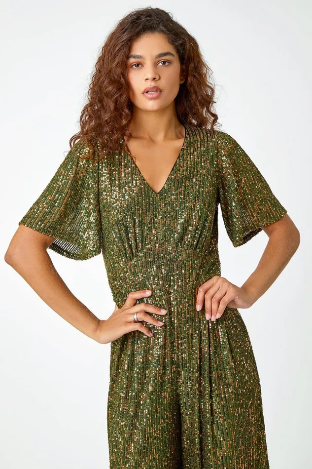 Khaki Embellished Sequin Stretch Jumpsuit Women Roman Jumpsuits and Playsuits