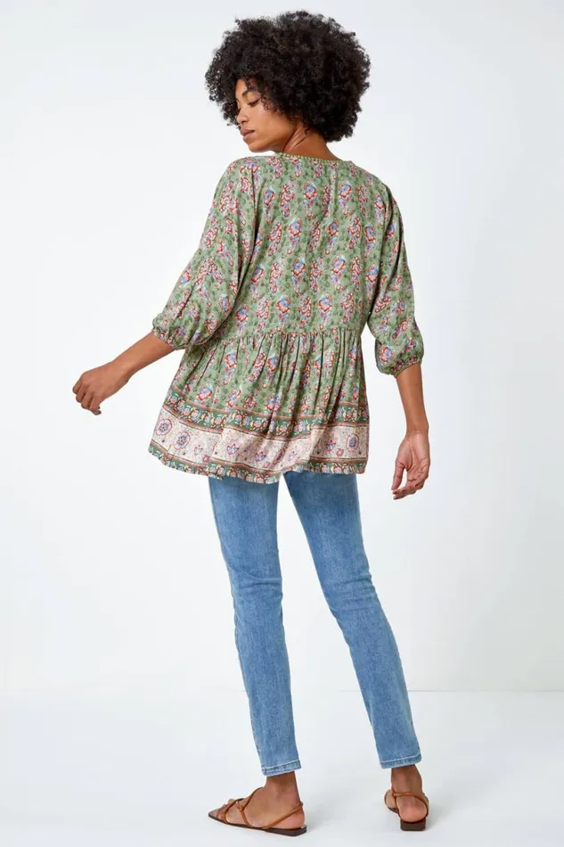 Khaki Floral Border Print Overshirt Women Roman Tops