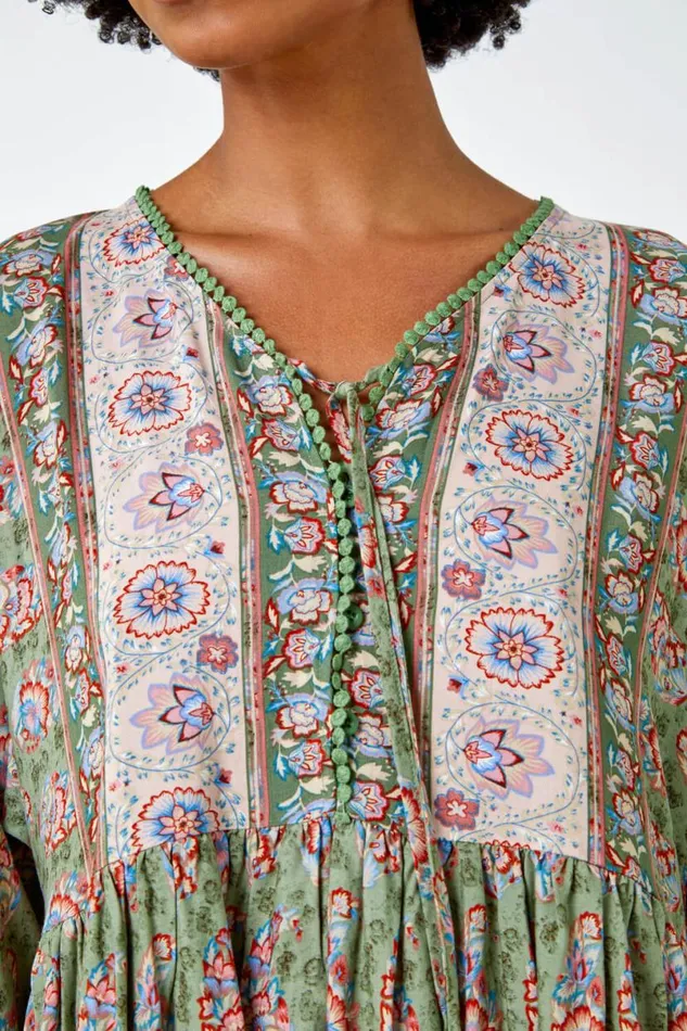 Khaki Floral Border Print Overshirt Women Roman Tops