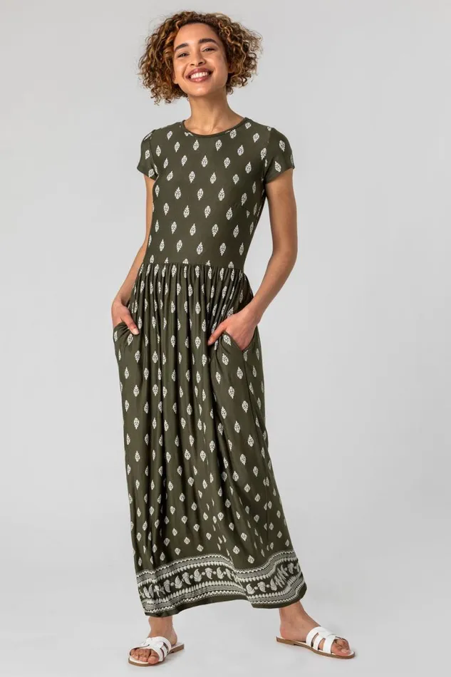 Khaki Paisley Border Print Maxi Dress Women Roman Dresses