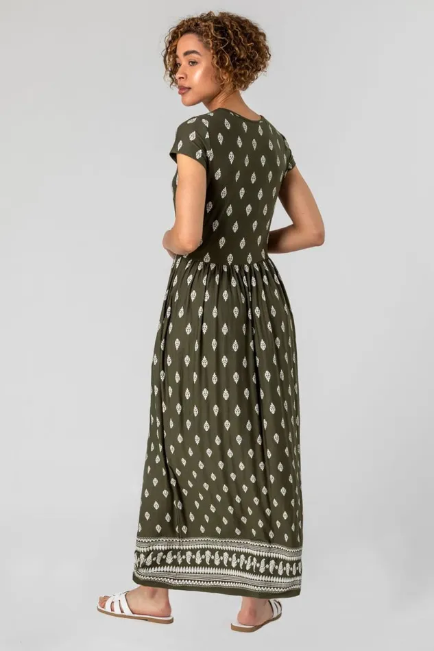 Khaki Paisley Border Print Maxi Dress Women Roman Dresses