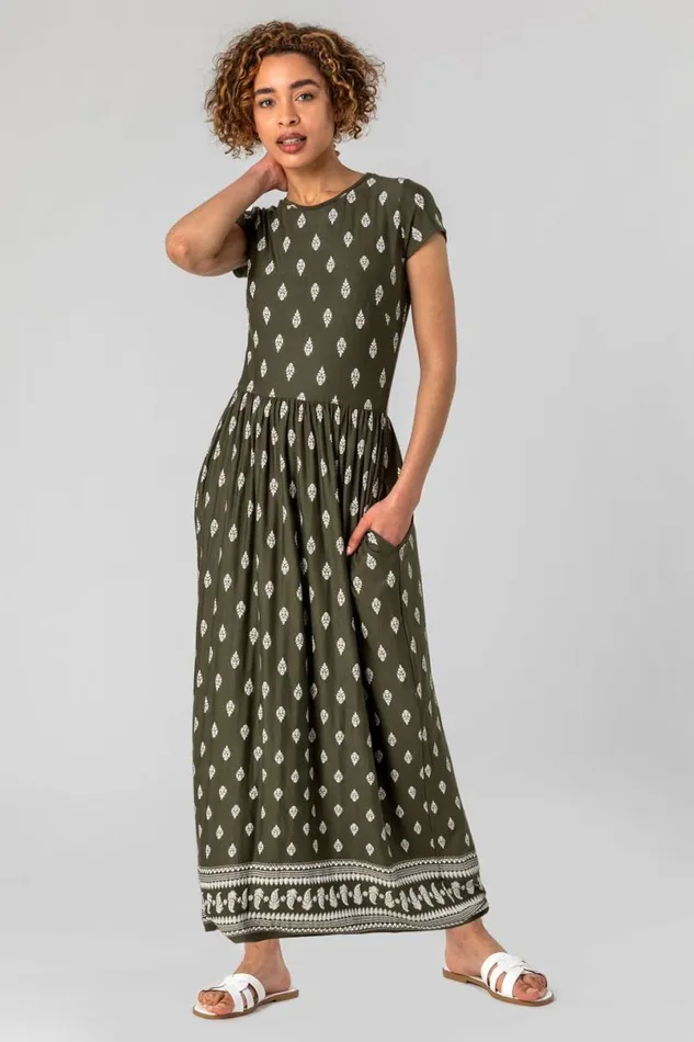 Khaki Paisley Border Print Maxi Dress Women Roman Dresses