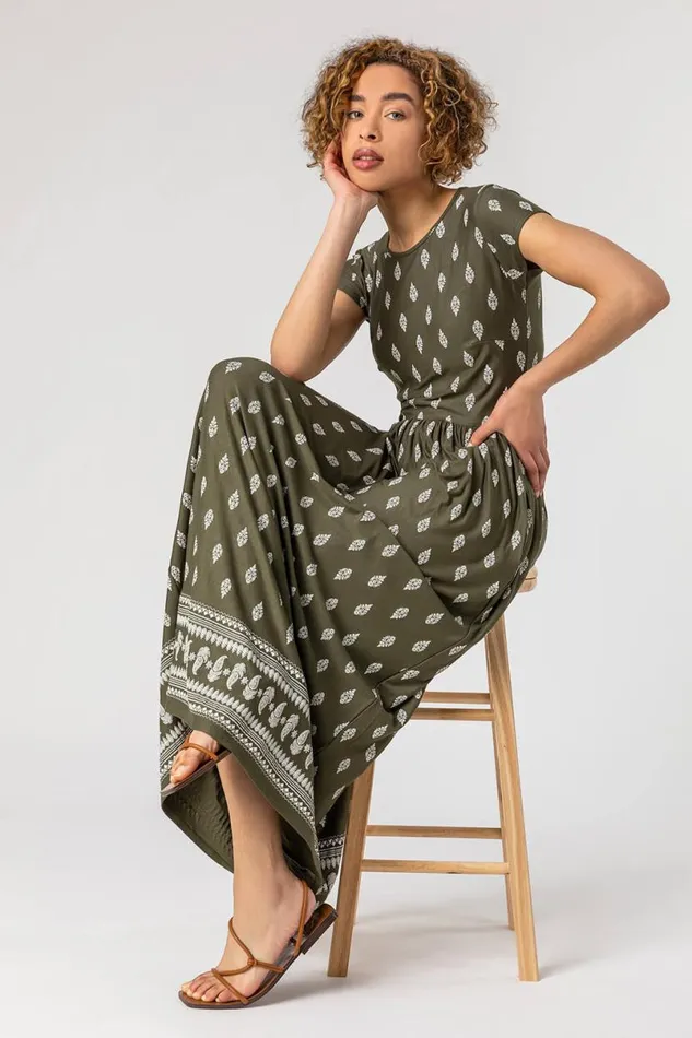 Khaki Paisley Border Print Maxi Dress Women Roman Dresses
