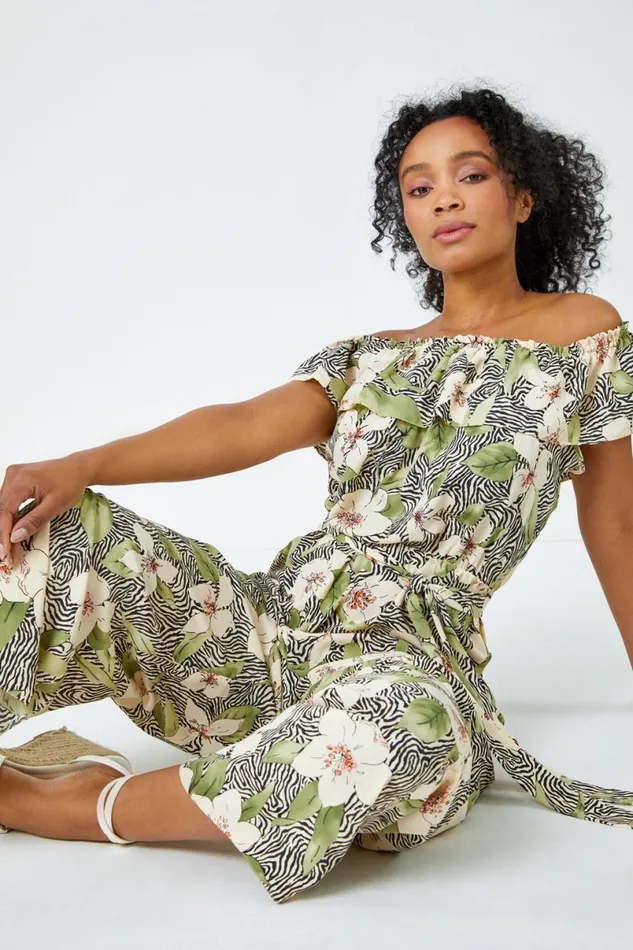 Khaki Petite Floral Print Bardot Jumpsuit Women Roman Jumpsuits and Playsuits Khaki Petite Floral Print Bardot Jumpsuit Women Roman Jumpsuits and Playsuits