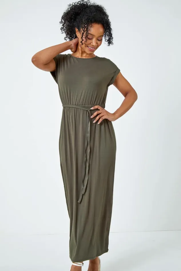 Khaki Petite Plain Maxi Stretch Dress Women Roman Dresses