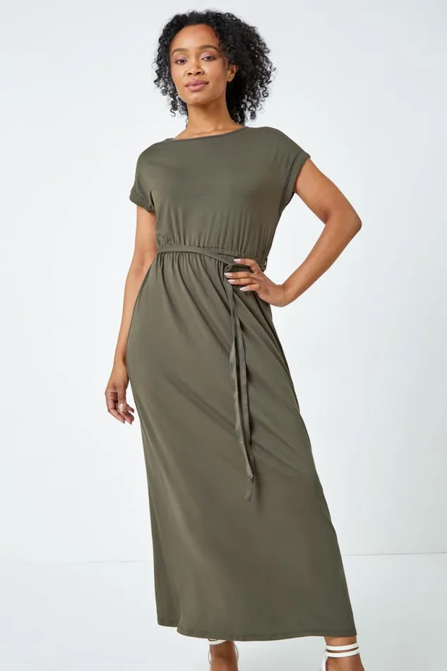 Khaki Petite Plain Maxi Stretch Dress Women Roman Dresses