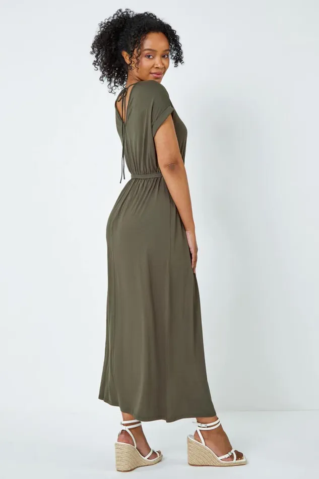 Khaki Petite Plain Maxi Stretch Dress Women Roman Dresses