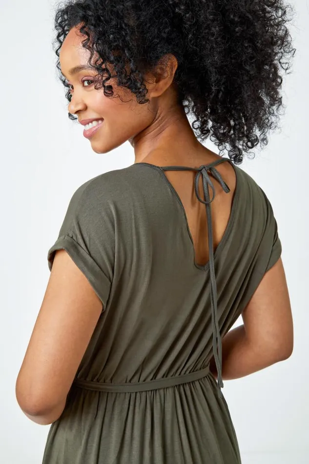 Khaki Petite Plain Maxi Stretch Dress Women Roman Dresses