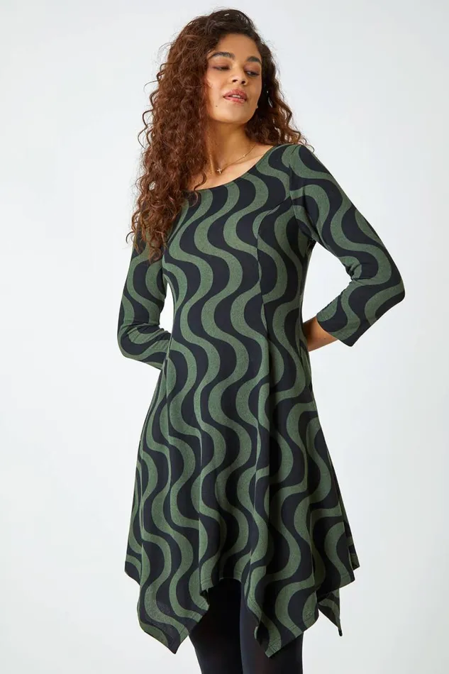 Khaki Wave Stretch Hanky Hem Pocket Dress Women Roman Dresses